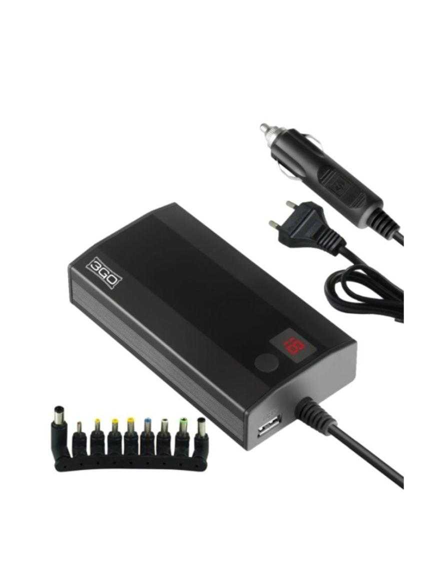 Cargador de Portátil 3GO Alim90C2/ 90W/ Manual/ 9 Conectores/ Voltaje 12-20V/ 1 USB/ con Adaptador para Coche