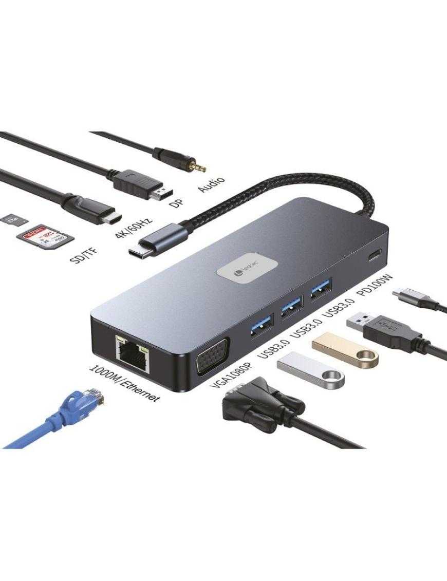 Docking USB Tipo-C Leotec LEDS03/ 3xUSB/ 1xUSB Tipo-C PD/ 1xHDMI 4K/ 1 xDisplayPort/ 1xVGA/ 1xAudio/ 1xRJ45/ 1xLector Tarjetas S