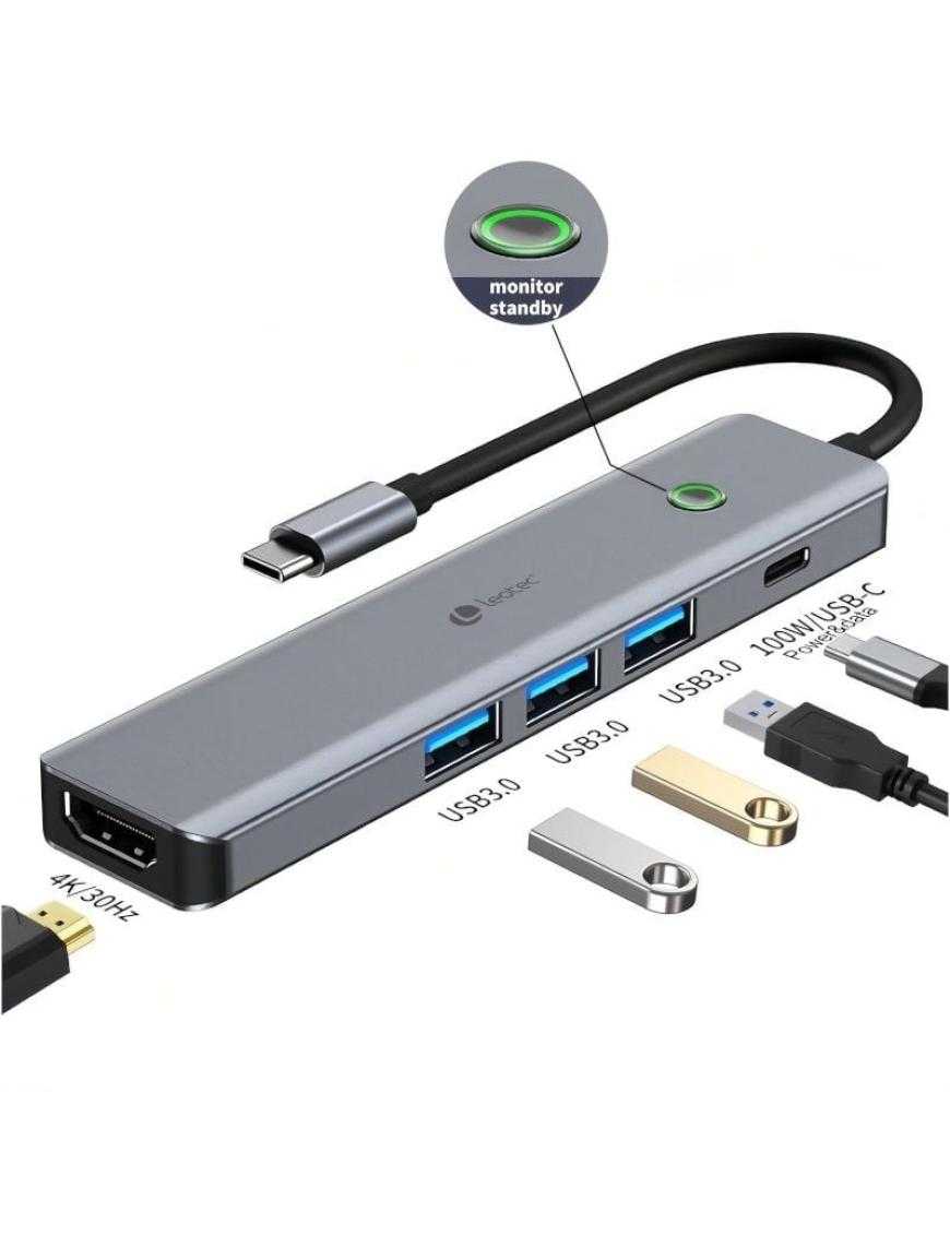 Docking USB Tipo-C Leotec LEDS05/ 3xUSB/ 1xUSB Tipo-C PD/ 1xHDMI/ Gris