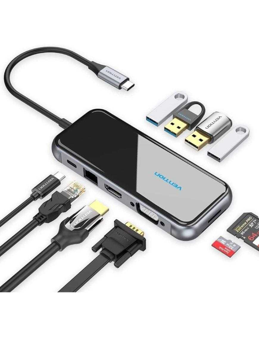 Docking USB Tipo-C Vention TFGHB/ 1xVGA/ 1xHDMI/ 4xUSB/ 1xUSB Tipo-C PD/ 1xRJ45/ 1xLector Tarjetas SD/ Gris