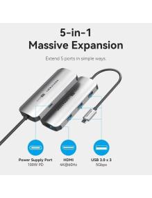 Docking USB Tipo-C Vention TQDHB/ 1xHDMI 4K/ 3xUSB/ 1xUSB Tipo-C PD/ Gris