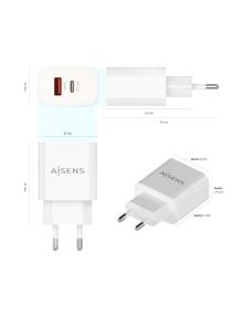 Cargador de Pared Aisens A110-0681/ 1xUSB Tipo-C/ 1xUSB/ 20W