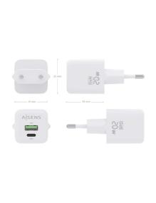 Cargador Gan de Pared Aisens ASCH-20W2P010-W/ 1xUSB Tipo-C/ 1xUSB/ 20W