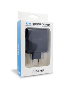 Cargador de Pared Aisens ASCH-2PD45A-BK/ 1xUSB Tipo-C/ 1x USB/ 57W