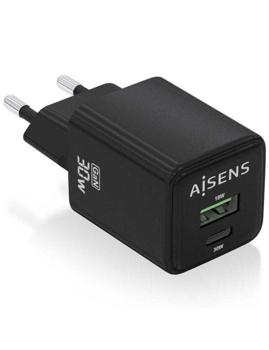 Cargador Gan de Pared Aisens ASCH-30W2P038-BK/ 1xUSB Tipo-C/ 1xUSB/ 30W