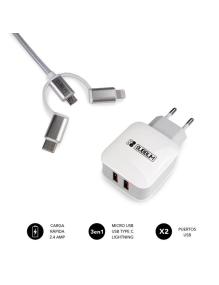 Cargador de Pared Subblim SUB-CHG-1ZWC01/ 2xUSB + Cable 3 en 1/ 12W/ Blanco