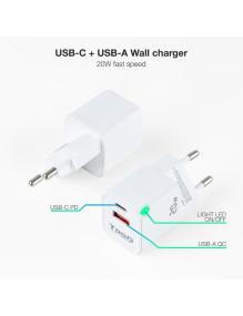 Cargador de Pared TooQ TQWC-QCPD20WT/ 1xUSB-Tipo C/ 1x USB/ 20W/ Blanco