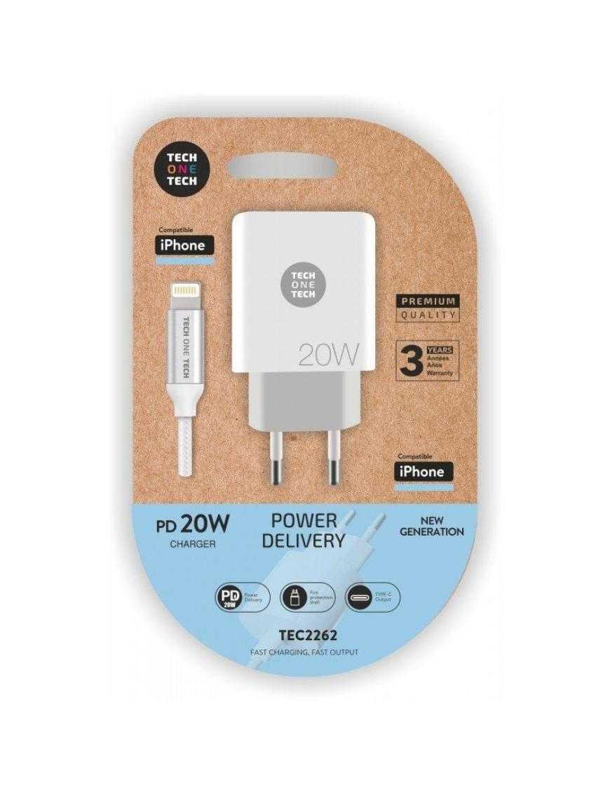 Cargador de Pared Tech One Tech TEC2262/ 1xUSB Tipo-C + Cable Lightning/ 3A/ Blanco