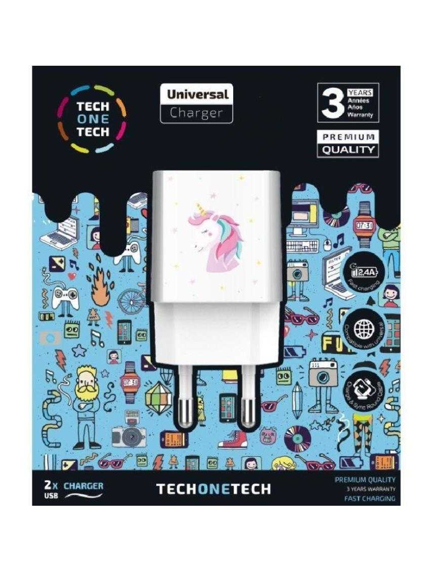 Cargador de Pared Tech One Tech Unicornio Dream/ 2xUSB/ 2.4A/ Blanco