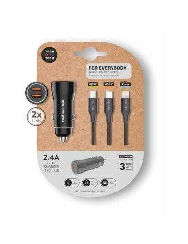 Cargador de Coche Tech One Tech TEC2810/ 2xUSB + Cable 3 en 1/ 2.4A