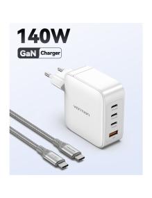 Cargador Gan de Pared Vention FEIW0-EU/ 3xUSB Tipo-C + Cable USB Tipo-C/ 1xUSB/ 140W