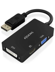 Cable Conversor Aisens A125-0861/ DisplayPort Macho/ VGA Hembra - DVI Hembra - HDMI 4K Hembra/ 15cm/ Negro