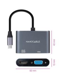 Conversor Nanocable 10.16.4303/ USB Tipo-C Macho/ HDMI Hembra - VGA Hembra/ 15cm/ Gris