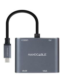 Conversor Nanocable 10.16.4304/ USB Tipo-C Macho/ HDMI 4K Hembra - VGA Hembra - USB Tipo-C PD Hembra - USB Hembra/ 15cm/ Gris