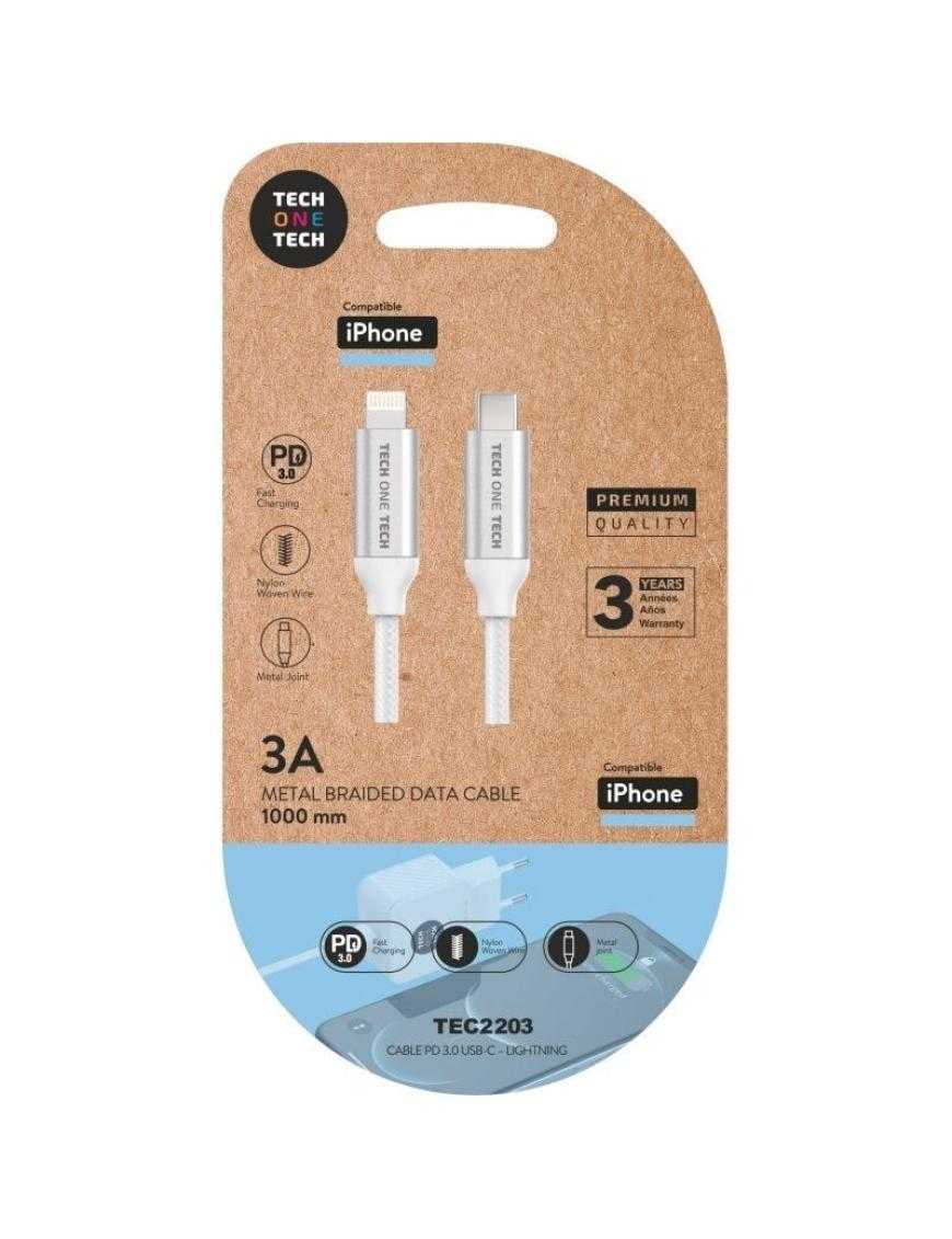 Cable Lightning Tech One Tech TEC2203/ Lightning Macho - USB Tipo-C Macho/ 1m/ Blanco