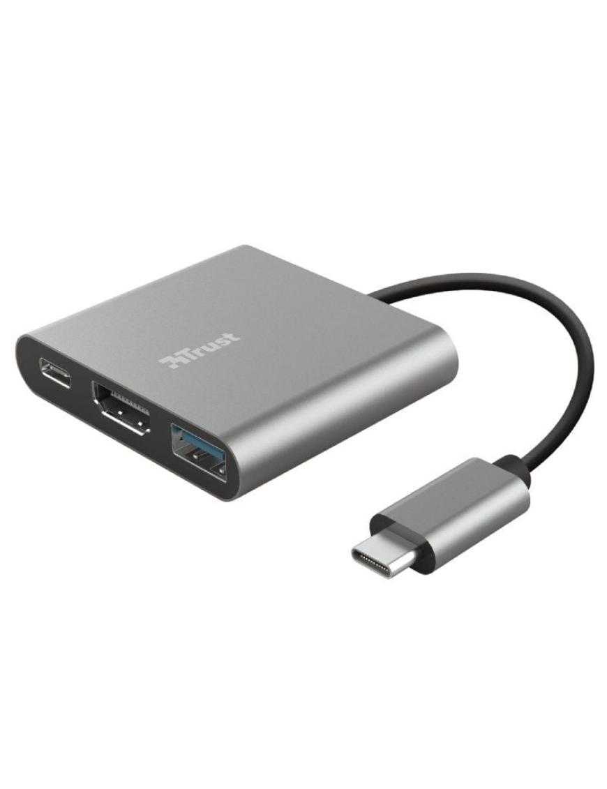 Conversor Trust Dalyx 3 IN 1/ USB Tipo-C Macho - HDMI Hembra/ USB/ USB Tipo-C PD/ 10cm/ Gris