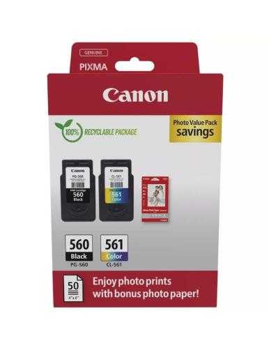 Cartucho de Tinta Original Canon PG-560 + CL-561 Multipack/ Negro/ Tricolor + Papel Fotográfico