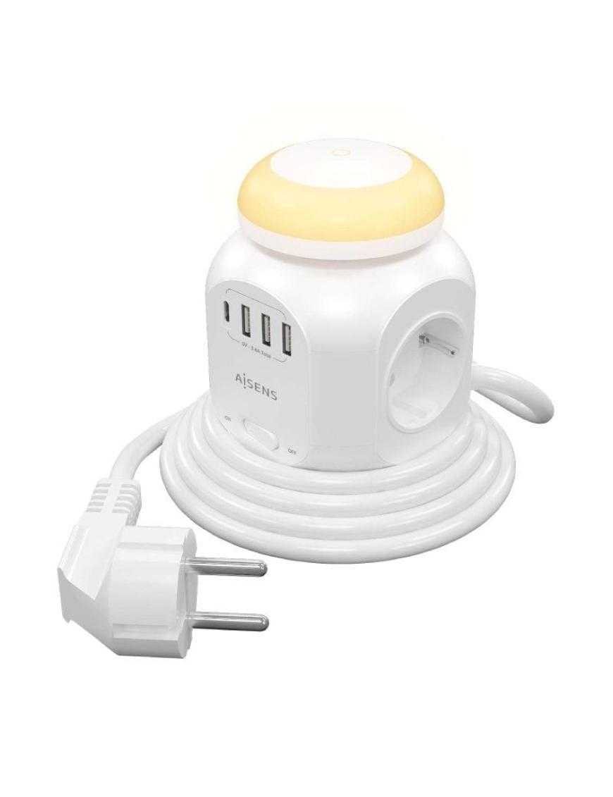 Regleta con Interruptor y Luz Nocturna Aisens ASPS-3A1CL01-W/ 4 Tomas de Corriente/ 1 USB Tipo-C/ 3 USB/ Cable 1.8m/ Blanco