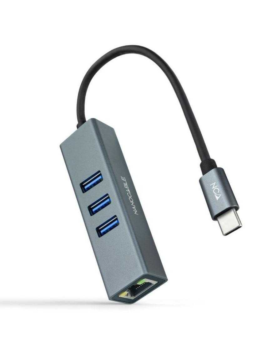 Hub USB Tipo-C Nanocable 10.03.0408/ 3xUSB/ 1xRJ45/ Gris