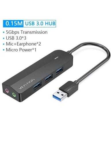 Hub USB 3.0 con Tarjeta de Sonido Vention CHIBB/ 3xUSB/ 1xMicroUSB PD