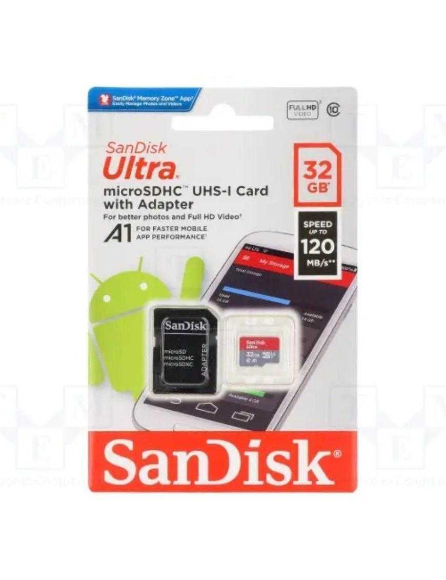 Tarjeta de Memoria SanDisk Ultra 32GB microSD HC UHS-I con Adaptador/ Clase 10/ 120MBs