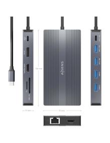 Docking USB Tipo-C Aisens ASUC-12P017-GR/ 2xHDMI/ 4xUSB/ 1xUSB Tipo-C/ 1xRJ45/ 1xDisplayPort/ 1xLector Tarjetas/ 1xUSB Tipo-C PD