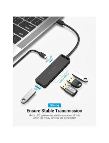 Hub USB Tipo-C Vention TGKBD/ 4xUSB/ 1xMicroUSB PD/ 50cm