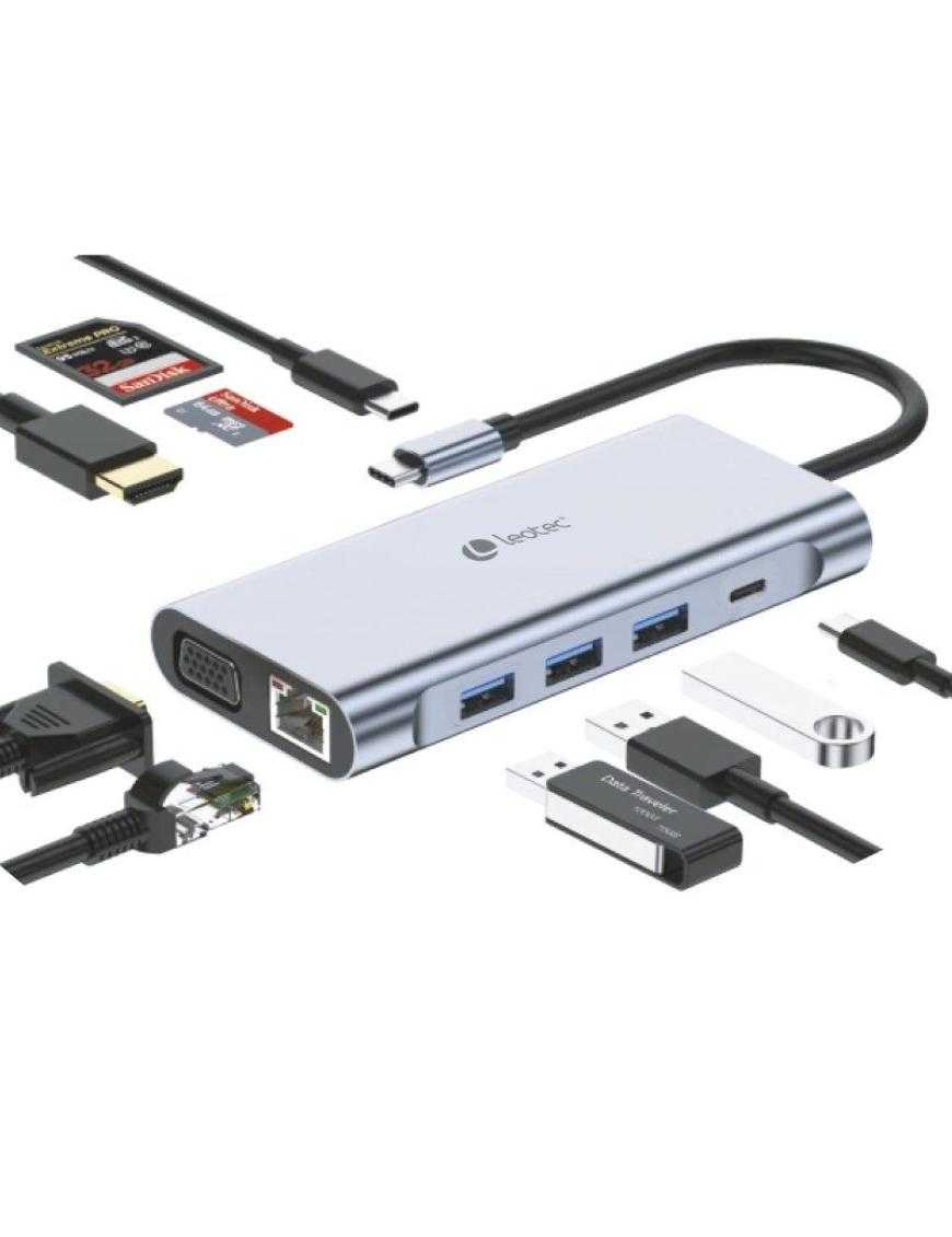 Docking USB Tipo-C Leotec LEDS01/ 3xUSB/ 2xUSB Tipo-C/ 1xUSB Tipo-C PD/ 1xHDMI 4K/ 1xVGA/ 1xRJ45/ 1xAudio/ 1xLector Tarjetas SD 