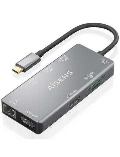 Docking USB Tipo-C Aisens ASUC-9P018-GR/ 2xHDMI/ 3xUSB/ 1xRJ45/ 1xLector Tarjetas/ 1xUSB Tipo-C PD/ Gris