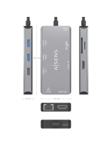 Docking USB Tipo-C Aisens ASUC-9P018-GR/ 2xHDMI/ 3xUSB/ 1xRJ45/ 1xLector Tarjetas/ 1xUSB Tipo-C PD/ Gris