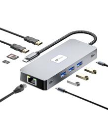 Docking USB Tipo-C Leotec LEDS02/ 3xUSB/ 1xUSB Tipo-C/ 1xUSB Tipo-C PD/ 2xHDMI 4K/ 1xRJ45/ 1xLector Tarjetas SD y MicroSD/ Gris