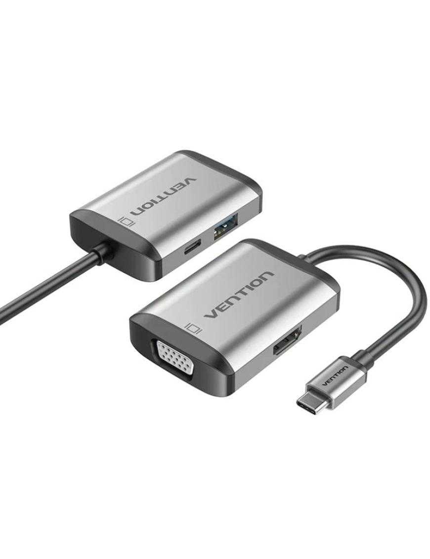 Conversor Vention TFAHB/ 1xUSB/ 1xHDMI/ 1xVGA/ 1xUSB Tipo-C PD/ 15cm/ Gris