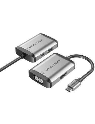 Conversor Vention TFAHB/ 1xUSB/ 1xHDMI/ 1xVGA/ 1xUSB Tipo-C PD/ 15cm/ Gris