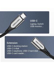 Cable Alargador USB 3.1 Tipo-C Vention TABHF/ USB Tipo-C Macho - USB Tipo-C Hembra/ Hasta 60W/ 5Gbps/ 1m/ Gris