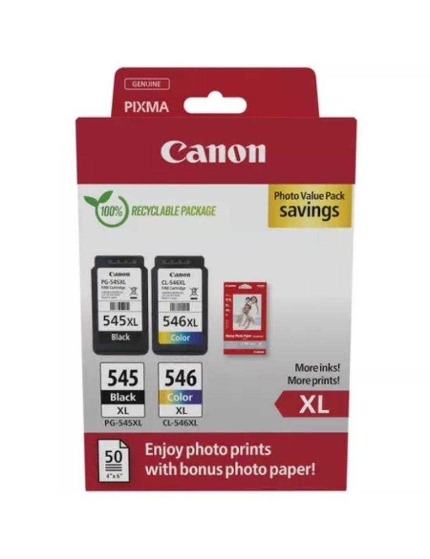 Cartucho de Tinta Original Canon PG-545XL + CL546XL Multipack Alta Capacidad/ Negro/ Tricolor + Papel Fotográfico