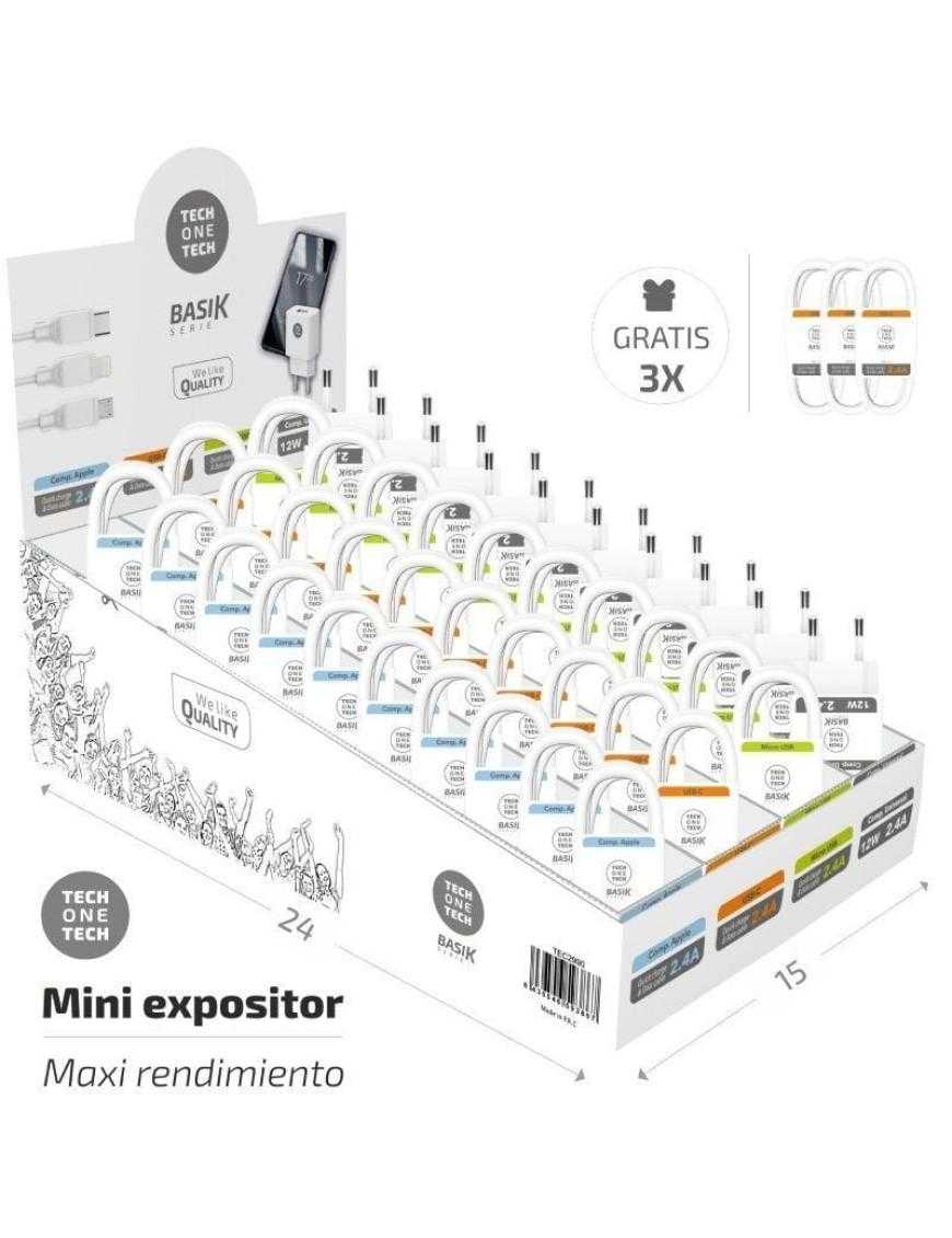 Expositor de Cargadores y Cables Tech One Tech Basik TEC2990/ Incluye 30 Cables / 10 Cargadores / Regalo 3 Cables USB Tipo-C