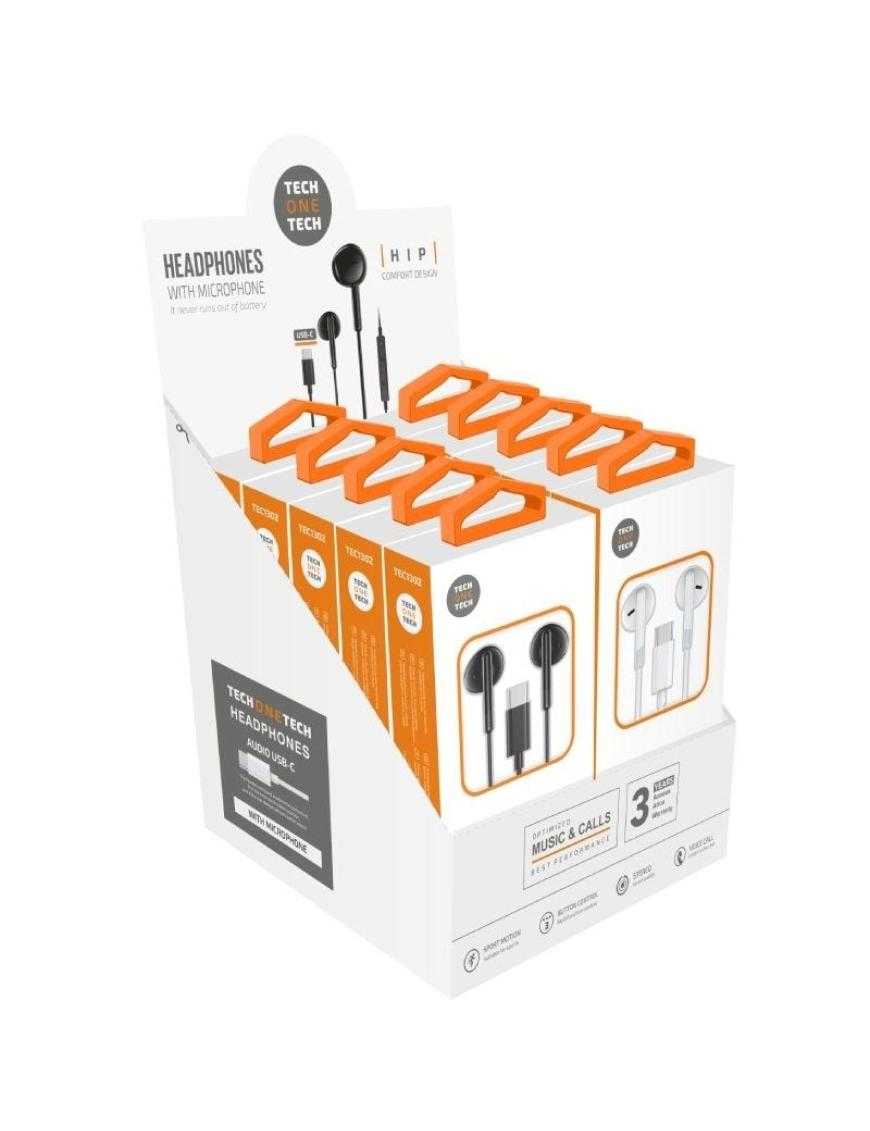 Expositor de Auriculares Tech One Tech EarTECH TEC1303/ con Micrófono/ USB Tipo-C/ Incluye 5 Auriculares Blancos y 5 Auriculares