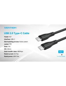 Cable USB Tipo-C Vention H27BF/ USB Tipo-C Macho - USB Tipo-C Macho/ 60W/ 480Mbps/ 1m/ Negro