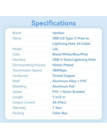 Cable USB Tipo-C Lightning Vention LALWH/ USB Tipo-C Macho - Lightning Macho/ 27W/ 480Mbps/ 2m/ Blanco