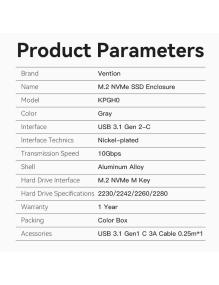 Caja Externa para Disco SSD M.2 NVMe Vention USB Tipo-C KPGH0/ USB 3.1 Gen2/ Sin tornillos