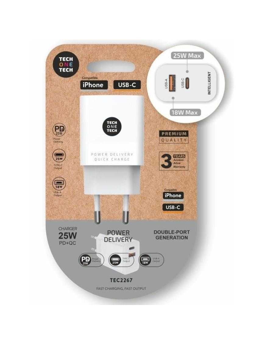 Cargador de Pared Tech One Tech TEC2267/ 1xUSB Tipo-C/ 1xUSB/ 3A/ Blanco