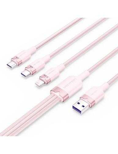 Cable USB 2.0 Lightning Vention CTPPG/ USB Macho/ USB Tipo-C Macho - MicroUSB Macho - Lightning Macho/ 1.5m/ Rosa