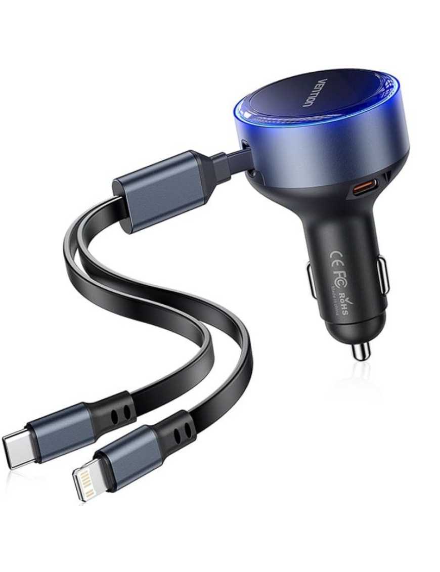 Cargador de Coche Vention FFOB0/ 1xUSB Tipo-C Macho/ 1xUSB Tipo-C hembra/ 1xLightning Macho/ 30W