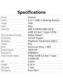 Docking USB Tipo-C Vention TGMHB/ 3xUSB/ 1xHDMI/ 1xUSB Tipo-C PD