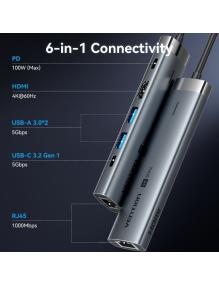 Docking USB Tipo-C Vention TGNHB/ 1xUSB 3.2 Tipo-C/ 2xUSB/ 1xHDMI/ 1xRJ45/ 1xUSB Tipo-C PD