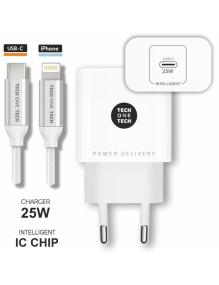 Cargador de Pared Tech One Tech TEC2265/ 1xUSB Tipo-C + Cable Lightning/ 3A/ Blanco