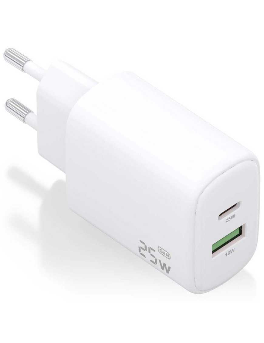 Cargador de Pared Aisens A110-0911/ 1xUSB Tipo-C/ 1x USB/ 25W/ Blanco