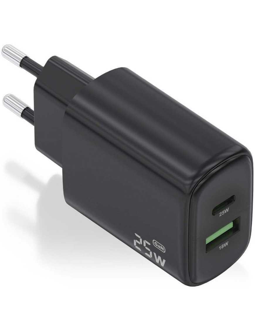 Cargador de Pared Aisens A110-0912/ 1xUSB Tipo-C/ 1x USB/ 25W/ Negro
