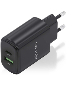 Cargador de Pared Aisens A110-0912/ 1xUSB Tipo-C/ 1x USB/ 25W/ Negro
