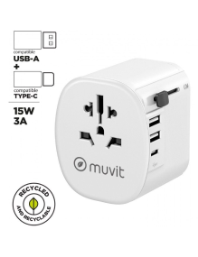 Cargador de Pared Universal Muvit For Change MCADP0006/ Toma de Corriente Universal/ 1xUSB Tipo-C/ 2xUSB/ 15W
